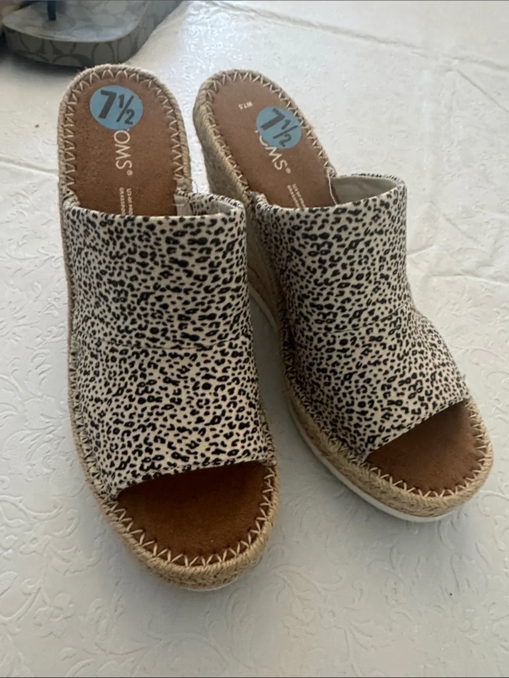 Toms Leopard-Print Espadrille Wedge Slides in Beige and Black womans 7.5